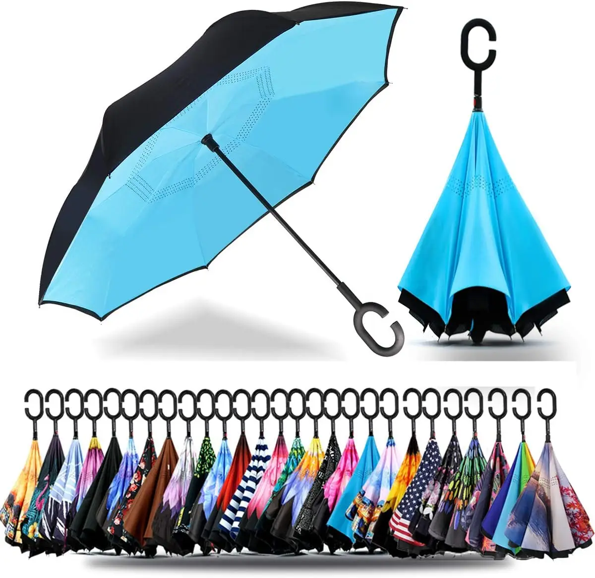 SIEPASA 49 56 Inch Inverted Reverse Upside Down Umbrella double canopy vented windproof C-shape handle