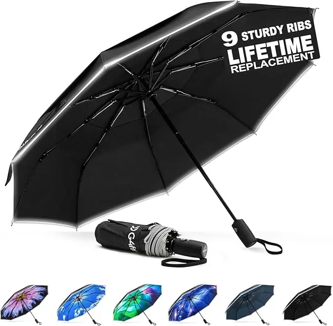 G4Free 42 Inch Eco Windproof Folding Umbrella rain sun 9 ribs fiberglass double canopy reflective strip women men