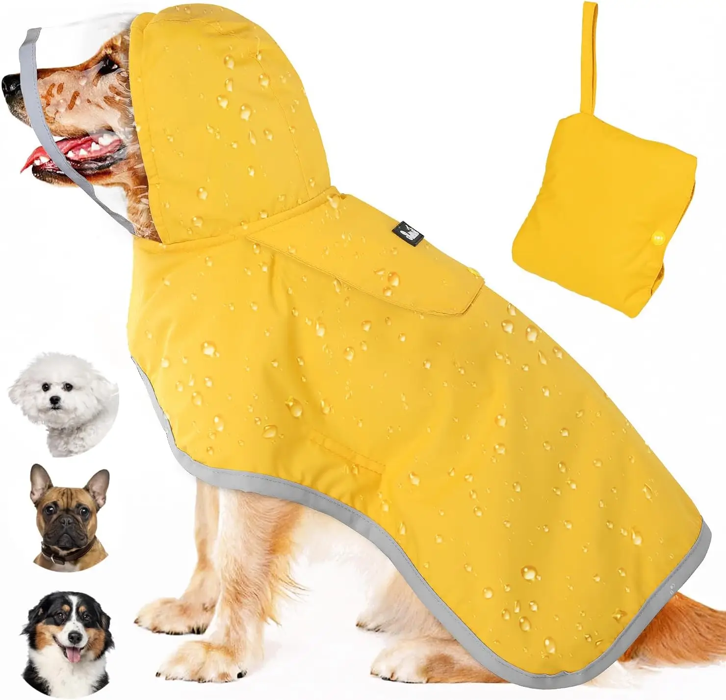 Lukovee Dog Raincoat adjustable hooded double layer waterproof reflective yellow