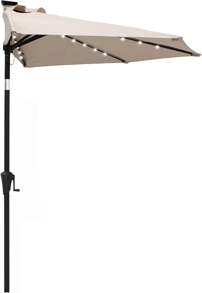 9 ft Half Round Outdoor Patio Market Wall Umbrella with Solar LED Lights and Tilt