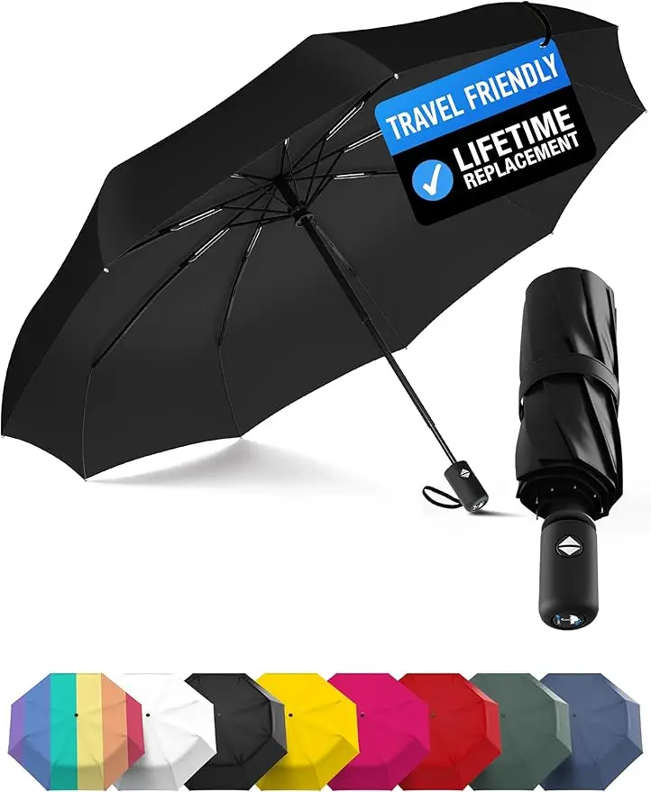 Rain-Mate windproof compact umbrella — reinforced fiberglass frame, auto open close, college backpack size