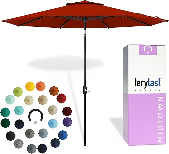 9 ft Patio Umbrella Terylast fabric 10-year no fade — auto tilt aluminum frame 8 ribs apple red