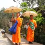 monks, buddhists, orange, parasol, sun protection, laos, southeast, asia, so, laos, laos, laos, laos, laos