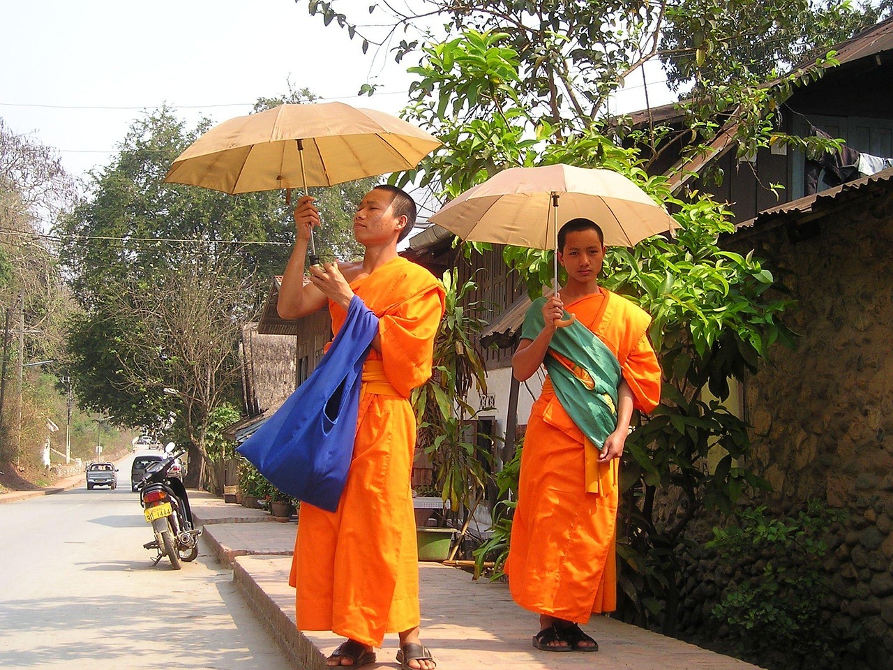 monks, buddhists, orange, parasol, sun protection, laos, southeast, asia, so, laos, laos, laos, laos, laos